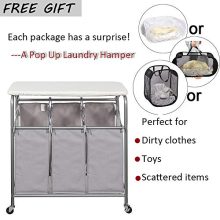 STORAGE MANIAC Laundry Sorter with Ironing Board 3-Section Heavy-Duty Rolling