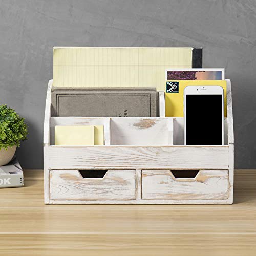 MyGift 7-Compartment Shabby Whitewashed Wood Desktop Office Supplies