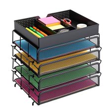 CAXXA 4 Tier Stackable Mesh Letter Tray Desktop Organizer with Adjustable Drawer