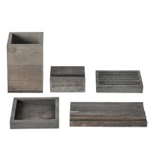 Vintage Gray Wood 5-Piece Desk Set with Pen Tray, Pencil Cup