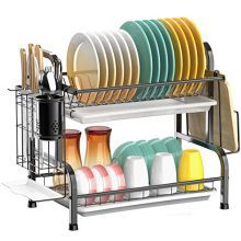 Cambond Dish Drying Rack, 304 Stainless Steel 2 Tier Dish Rack with Drain Board, Utensil Holder, Cutting Board Holder, Rustproof Dish Drainer for Kitchen Countertop, Black