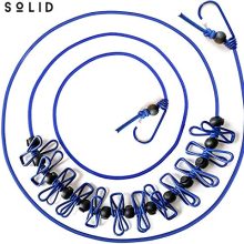 Solid (TM Portable Travel Clothesline for Home, Hotel & Camping, Indoor/Outdoor (Blue), 12 ft Elastic line, 2 Adjustable End Hooks, 12 Clothespin, 15 Movable Locking Beads, Travel Pouch Included