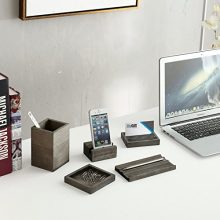 Vintage Gray Wood 5-Piece Desk Set with Pen Tray, Pencil Cup
