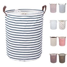 DOKEHOM 17.7-Inches Large Laundry Basket (9 Colors), Drawstring Waterproof Round Cotton Linen Collapsible Storage Basket (Blue Strips, M)