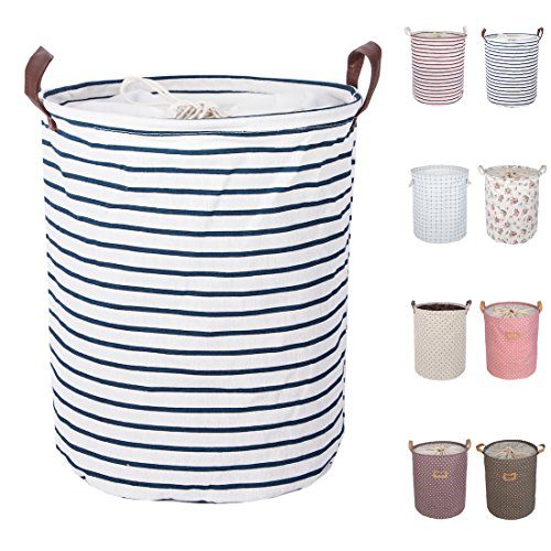 DOKEHOM 17.7-Inches Large Laundry Basket (9 Colors), Drawstring Waterproof Round Cotton Linen Collapsible Storage Basket (Blue Strips, M)