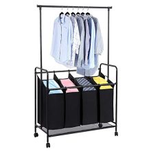 JKRED Heavy-Duty Trolley Type 4-Bag Rolling Laundry Sorter with Detachable Hanging Bar Lockable Universal Wheel Clothing Storage Sorter Cart, 42.5" x 17.7" x 66.9", Fastest Shipping from USA