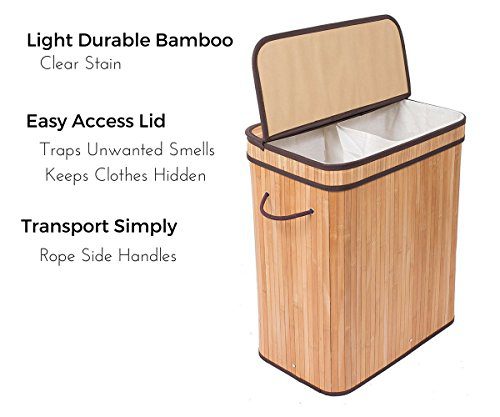 BIRDROCK HOME Bamboo Double Laundry Hamper – 2-Section Organizer with Lid & Liner for Effortless Sorting