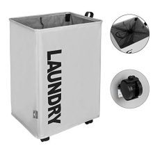 DOKEHOM X-Large Laundry Basket with Leather Handle and Wheel (3 Colors), Collapsible Fabric Laundry Hamper, Foldable Clothes Organizer, Folding Washing Bin (Grey, L)