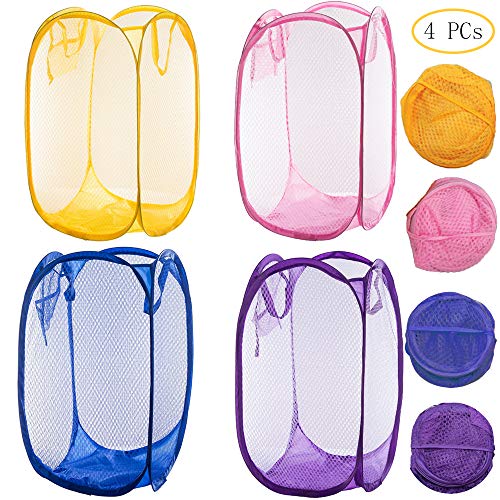 Qtopun Mesh Popup Laundry Hamper, 4 Pack Foldable Portable Dirty Clothes Basket for Bedroom, Kids Room, College Dormitory and Travel (Yellow,Pink, Purple,Dark Blue)
