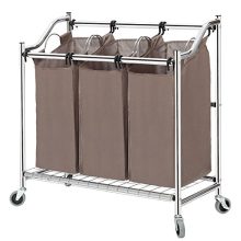 STORAGE MANIAC 3-Section Heavy Duty Laundry Hamper Sorter, Superior Steel Rolling Laundry Cart with Removable Bags, Chrome