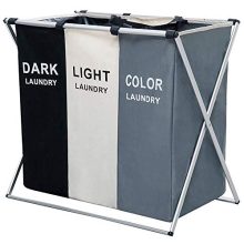 AosKe 3-Section Laundry Basket or Dirty Laundry sorter Made of Oxford Waterproof Bag and Aluminum Frame (24.5" X 15" X 23") Foldable & Detachable.