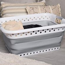 HOMZ Rectangle, White and Grey Collapsible Plastic Laundry Basket