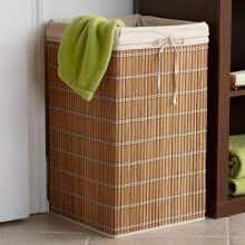 Honey-Can-Do Square Wicker Hamper, Natural Bamboo/Beige Canvas