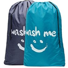 HOMEST 2 Pack XL Wash Me Travel Laundry Bag, Machine Washable Dirty Clothes Organizer, Large Enough to Hold 4 Loads of Laundry, Easy Fit a Laundry Hamper or Basket, Light Blue and Grey