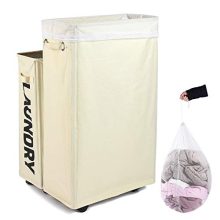 Caroeas Laundry Hamper, Rolling Laundry Basket Collapsible Tall Slim Laundry Hamper with Washable & Breathable Mesh Liner Waterproof & Dustproof Laundry Cart on Wheels (Beige)