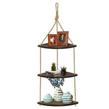 Wood Corner Shelves , Hanging Corner Shelf 3 Tier Jute Rope Wall Floating Shelves
