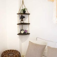 Mkono Hanging Corner Shelf 3 Tier Jute Rope Wood Wall Floating Shelves