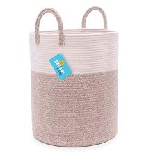 OrganiHaus Extra Large Cotton Rope Laundry Hamper Basket in Tan Brown and Off-White | Large Blanket Basket for Living Room with Long Handles | Wicker and White Basket for Blanket Storage Bin (15"x18")