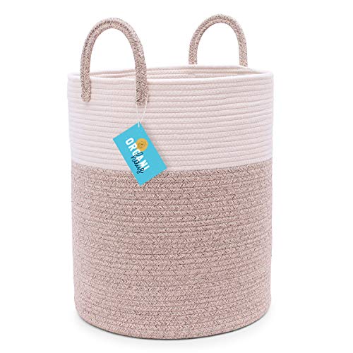 OrganiHaus Extra Large Cotton Rope Laundry Hamper Basket in Tan Brown and Off-White | Large Blanket Basket for Living Room with Long Handles | Wicker and White Basket for Blanket Storage Bin (15"x18")