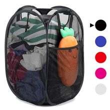 [Reinforced] Strong Mesh Pop-up Laundry Hamper, Quality Laundry Basket with Durable Handles Solid Bottom High Carbon Steel Frame, Easy to Open and Fold Flat for Storage, Odors & Moisture Proof, Black