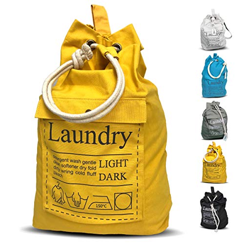 Teeo Laundry Bag Backpack Large Spacious 25"X20" Drawstring 100% Sturdy Cotton Canvas with Strap for College Students Dorm Room Clothes Hamper Storage Washer Organizer (Yellow)