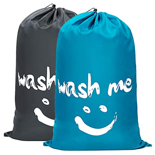 WOWLIVE 2 Pack Extra Large Travel Nylon Laundry Bag Set Storage Sturdy Rip-Stop Machine Washable Locking Drawstring Closure Heavy Duty Bag Hamper Liner (Blue and Grey)