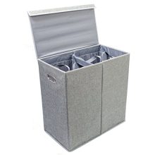 Double Laundry Hamper with Lid & Removable Liners - Foldable and Collapsible - 2 Sections - Linen- Grey Basket - by Lift & Lock