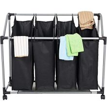 Livebest 4 Secations Bags Laundry Hamper Sorter Cart Metal Frame Waterproof Oxford Storage Basket for Apartment Dorm Bedroom Bathroom Black