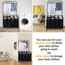 HOMEIDEAS Laundry Sorter with Hanging Bar 4-Bag Rolling Laundry Sorter Storage
