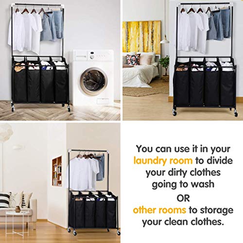 HOMEIDEAS Laundry Sorter with Hanging Bar 4-Bag Rolling Laundry Sorter Storage