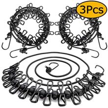 Roctee 3 Pack Portable Clothesline, Travel Adjustable Windproof Clothesline with 12pcs Clips, Stretchy Retractable Elastic Laundry Clothes Line for Backyard, Vacation Hotel, Balcony (Black)