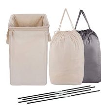 MCleanPin Canvas Laundry Hamper Collapsible with 2 Removable Laundry Bags, Large Dirty Clothes Hamper，Foldable Laundry Basket Storage Washing Bin for Dorm Room College,Beige