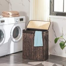 SONGMICS Bamboo Laundry Hamper with Lid, Two-Section Laundry Basket Sorter