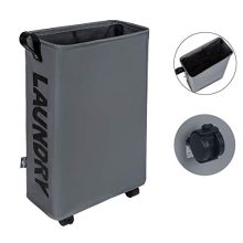 Slim Rolling Laundry Hamper with Leather Handle in Dark Grey - Foldable Storage Bin with Wheels