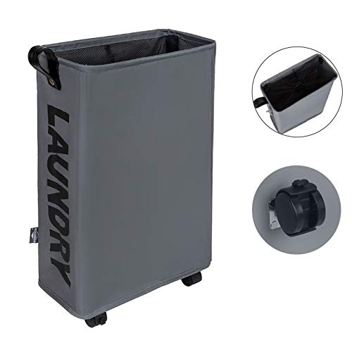 Slim Rolling Laundry Hamper with Leather Handle in Dark Grey - Foldable Storage Bin with Wheels