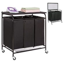 HollyHOME Laundry Sorter Cart with Foldable Ironing Board with Removable 3 Bags Laundry Hamper Sorter Black