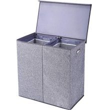 YESY Double Laundry Hamper/Sorter Removable Liners Magnetic Lid, Collapsible Clothes Basket Built-in Handles Easy Carrying, 2 Dividers, Linen Gray