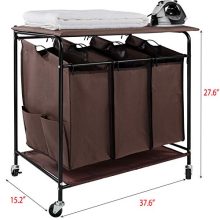 JinaMart Brown Heavy Duty Laundry Sorter with Ironing Board 3 Bag Laundry Hamper Basket with Wheels Storage Cart + 2 Pockets Each