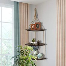 Wood Corner Shelves , Hanging Corner Shelf 3 Tier Jute Rope Wall Floating Shelves