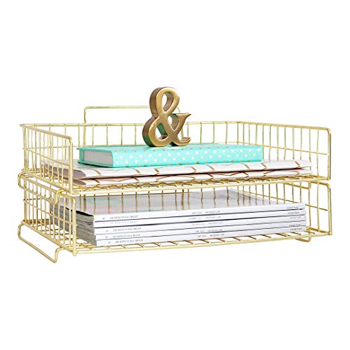 Blu Monaco Gold Desk Organizer Stackable Paper Tray Set of 2