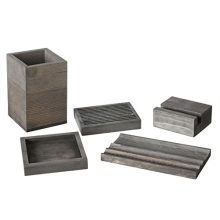 Vintage Gray Wood 5-Piece Desk Set with Pen Tray, Pencil Cup