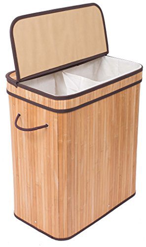 BIRDROCK HOME Double Laundry Hamper with Lid and Cloth Liner - Bamboo - Natural - Easily Transport Laundry Basket - 2 Section Collapsible Hamper - String Handles