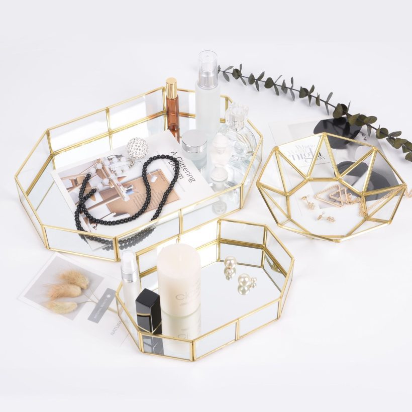 Elegant Gold Glass Cosmetic Tray – Multi-Purpose Jewelry, Makeup Organizer & Office Decor