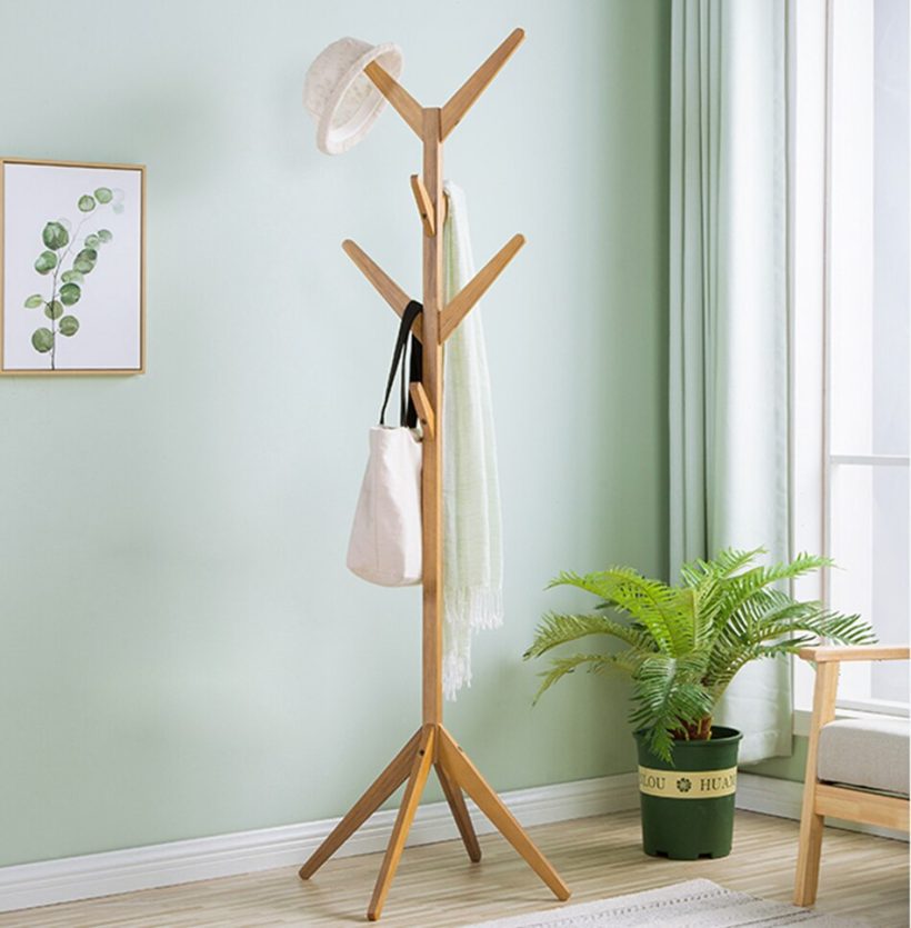 Solid Wood Floor Coat Rack Free Standing Wood Tree Coat