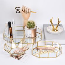 Elegant Gold Glass Cosmetic Tray – Multi-Purpose Jewelry, Makeup Organizer & Office Decor
