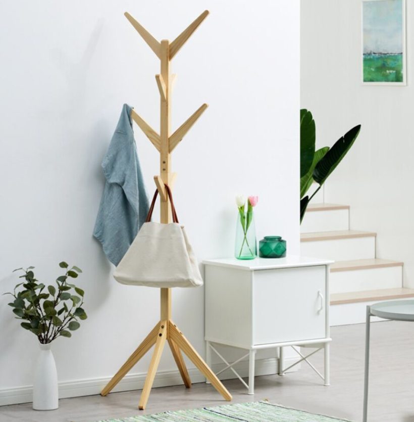 Solid Wood Floor Coat Rack Free Standing Wood Tree Coat