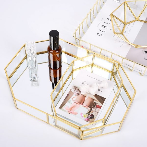 Golden Cosmetic Tray Polygon Glass Makeup Organizer