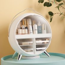 360° Rotating Makeup Organizer with LED Light and Dustproof Mirror – Ultimate Cosmetic Storage Solution