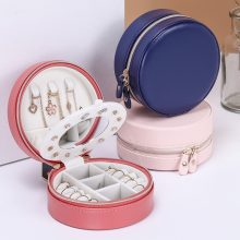 Portable Round Jewelry Box Travel Zipper PU Leather