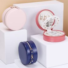 Portable Round Jewelry Box Travel Zipper PU Leather